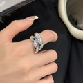 French vintage double layer silver ring with sparkling star zircon on black silk - White Zirconia / Silver