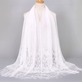 Elegant white lace long shawl with floral embroidery and bohemian fringe tassels - White (VS069)