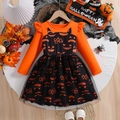Halloween toddler dress with orange pumpkin print and black tulle skirt - 90 / Orange