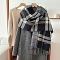 Classic plaid tassel scarf in grey, white, and burgundy cashmere-like fabric on coat - 54*205cm / Black