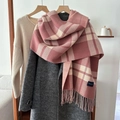 Retro pink and beige plaid cashmere-feel scarf with tassels on wooden hanger - 54*205cm / Lotus Pink