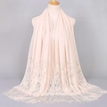 Long light beige shawl for women featuring floral lace embroidery and tassel edges - Beige (VS069)
