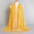 Bright yellow lace shawl with floral embroidery and long fringes for summer styling - Yellow (VS069)