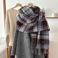 Écharpe classique à carreaux en cachemire avec rayures bleues et brunes et détails frangés - 54*205cm / Gris