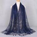 Dark blue long shawl with floral embroidery, delicate lace trim and fringed edges - Navy Blue (VS069)