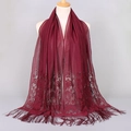 Long dark red shawl with floral lace embroidery and elegant tassels for women - Dark Wine Red (VS069)