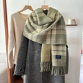 Retro plaid scarf in sage green and beige with tassels for autumn and winter outfits - 54*205cm / Green