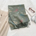 Dark green paisley scarf with fringes, knit texture, stylish winter wrap for women - Green