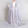 Light purple long shawl scarf with floral lace embroidery and matching fringe tassels - Gray (VS069)