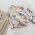 Beige cashmere-feel knit scarf with colorful paisley pattern and pleated texture - White