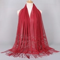 Red long shawl with delicate hollow lace edges and tassels in lightweight tulle fabric - Wine Red (VS069)