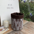 Brown canvas storage cup with white embroidery and a foldable rim for office desk - Dark Brown Long-eared Rabbit