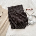 Winter dark coffee plaid scarf with white checks and long tassels for a cozy warmth look - Chocolate
