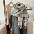 Écharpe d'hiver à carreaux gris et beige avec de longues franges sur un manteau - Bleu clair