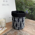Cylindrical canvas desk organizer featuring white embroidered rabbit on black fabric - Deep Blue Long-eared Rabbit
