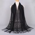 Elegant black lace shawl with floral embroidery and tassel fringe details - Black (VS069)