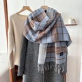 Thick plaid knit scarf with fringes and blue label in pastel blue and beige tones - 54*205cm / Sky Blue