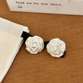 Dettaglio degli orecchini a lobo rosa in argento con design a spirale su legno - Bianco