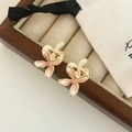 Détail de boucles d'oreilles fleurs émaillées avec dégradé rose sur plateau et pochette - Rose Dégradé