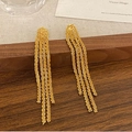Elegant gold long tassel earrings with metallic snake chain texture on wood display - Gold Tassel Stud Earrings