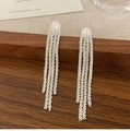 Elegant long tassel earrings in polished silver finish on a wooden display stand - Silver Tassel Earrings
