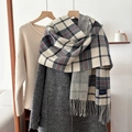 Classic plaid tassel scarf with cream, grey, and red stripes for winter warmth - 54*205cm / Gray
