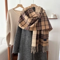 Classic plaid knit scarf in earth tones with tassels and brand label on a coat - 54*205cm / Camel