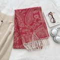 Rose red paisley shawl with white tassels and floral pattern for women's winter fashion - Red
