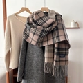 Thick knitted checkered scarf with fringe in brown and beige classic plaid pattern - 54*205cm / Dark Khaki