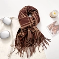 Deep brown and camel plaid long scarf with fringed edges and soft plush texture - 65-180CM / Red Brown
