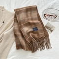 Classic brown plaid tassel scarf in soft cashmere-like fabric with elegant label detail - Dark Brown