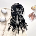 Classic black and white checkered scarf with long tassels on a stylish coat - 65-180CM / Black