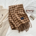 Classic plaid scarf in brown and tan tones with soft tassels and elegant woven label - Grid Tassel Style / Tan