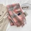 Pink and gray checkered tassel scarf with soft cashmere-like texture and brand label - Pink