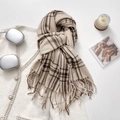 Beige two-tone striped scarf with classic check pattern and tassel trim in flat lay - 65-180CM / Oatmeal