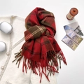 Thick reddish-brown plaid scarf with long tassels and soft cashmere feel texture - Red