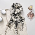 Thick black and white plaid knit scarf with soft fringe tassels on a white sweater - 65-180CM / White