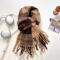 Thick warm checkered tassel scarf in brown and camel tones styled with lifestyle props - Brown