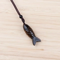 Handcarved brown tiger eye gemstone fish pendant with adjustable woven cord necklace - Tiger's Eye