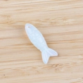 Translucent white fish-shaped gemstone pendant with detailed scales and top drill hole - Synthetic Opal