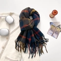 Deep blue and orange plaid winter scarf with fringe tassels on white tweed coat - Navy Blue