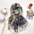 Thick checkered scarf in purple and beige with long tassels and soft knitted texture - Violet Blue