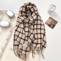 Winter plaid scarf in warm beige and coffee checkers with soft tassels and woven label - 65-180CM / Khaki