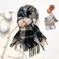 Thick winter scarf with multi-color plaid patterns and long tassels in a knotted style - Black