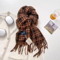 Classic dark brown and black plaid cashmere scarf with soft fringes and brand tag - Brown