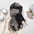 Thick black and grey plaid scarf with fringes and blue label on a white background - 65-180CM / Navy Oatmeal