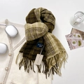 Thick warm dark green plaid tassel scarf with woven brand label in a cozy setting - 65-180CM / Mustard Green