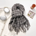 Classic grey and brown checkered scarf with long tassels and thick wool texture - Dark Gray