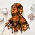 Winter plaid scarf with retro colorful checks and long fringe details in warm tones - Orange Coffee