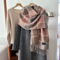 Modern plaid scarf in pink and grey tones with long tassels and soft cashmere-like texture - 54x205cm / Lotus Pink